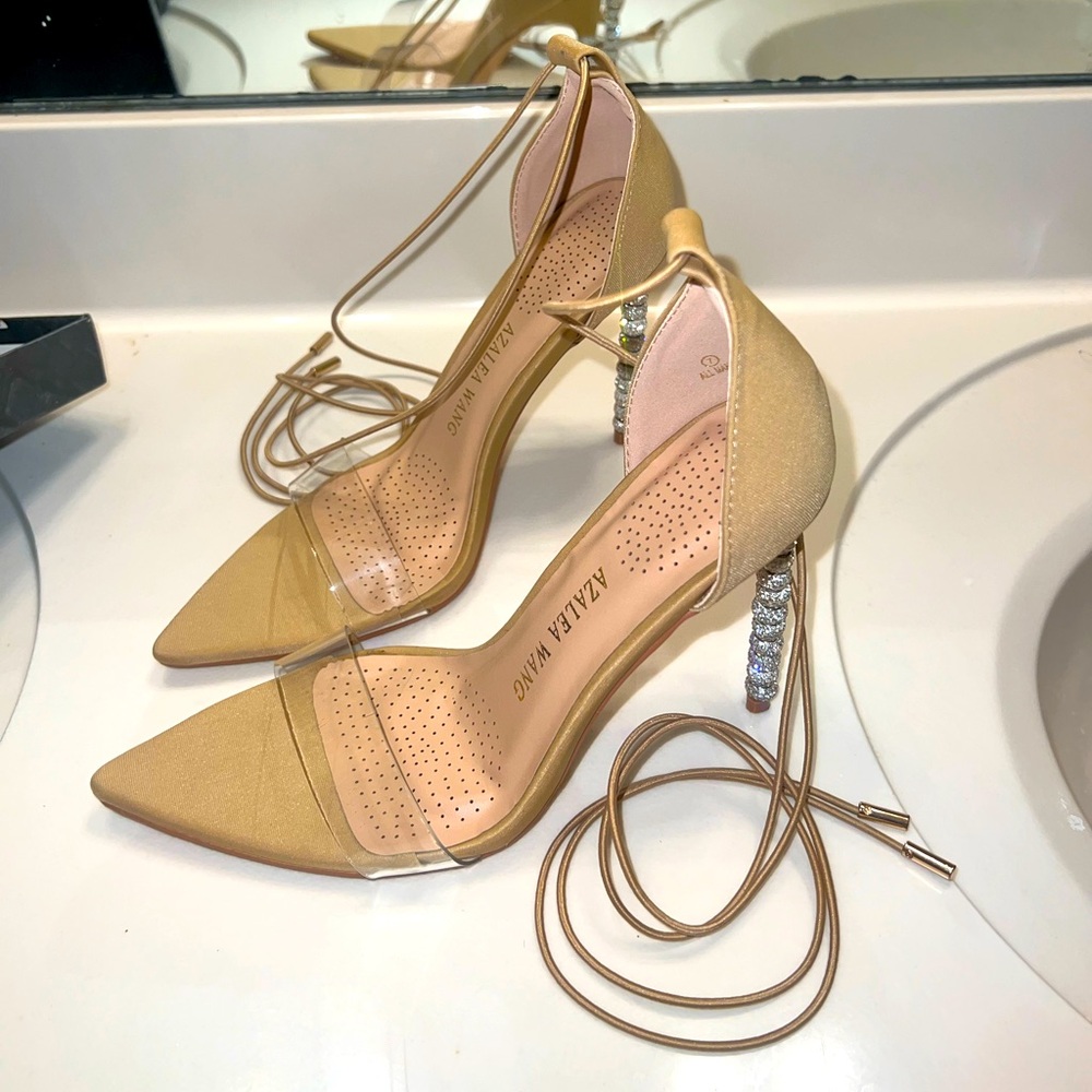 Azalea Wang lace up stiletto rhinestone heels. Size 7. Neutral tan.